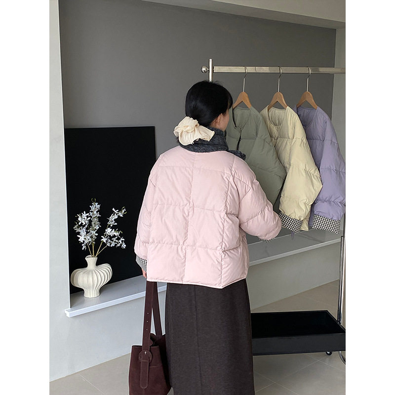 韩系格子无领羽绒服撞色80白鸭绒女冬季小个子宽松休闲短款棉服