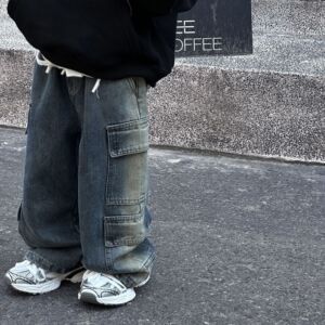 貌貌妈家2023冬季新韩版男童复古工装百搭加绒加厚牛仔长裤宝宝裤
