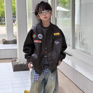 貌貌妈家2025秋季 男女童做旧贴标棒球服儿童皮衣外套皮夹克潮 新款