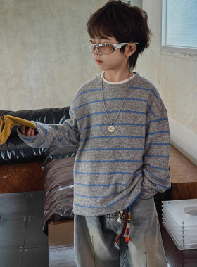 儿童蓝灰条纹加厚打底衫长袖卫衣