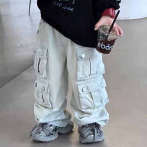 貌貌妈家2024春季新款韩版男女童工装宽松复古纯色牛仔裤儿童裤潮
