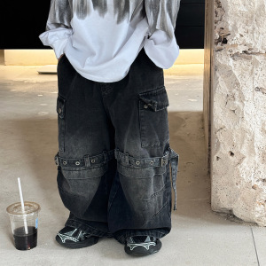 貌貌妈家2024秋季新款韩版男女童复古绑带工装牛仔裤儿童做旧长裤
