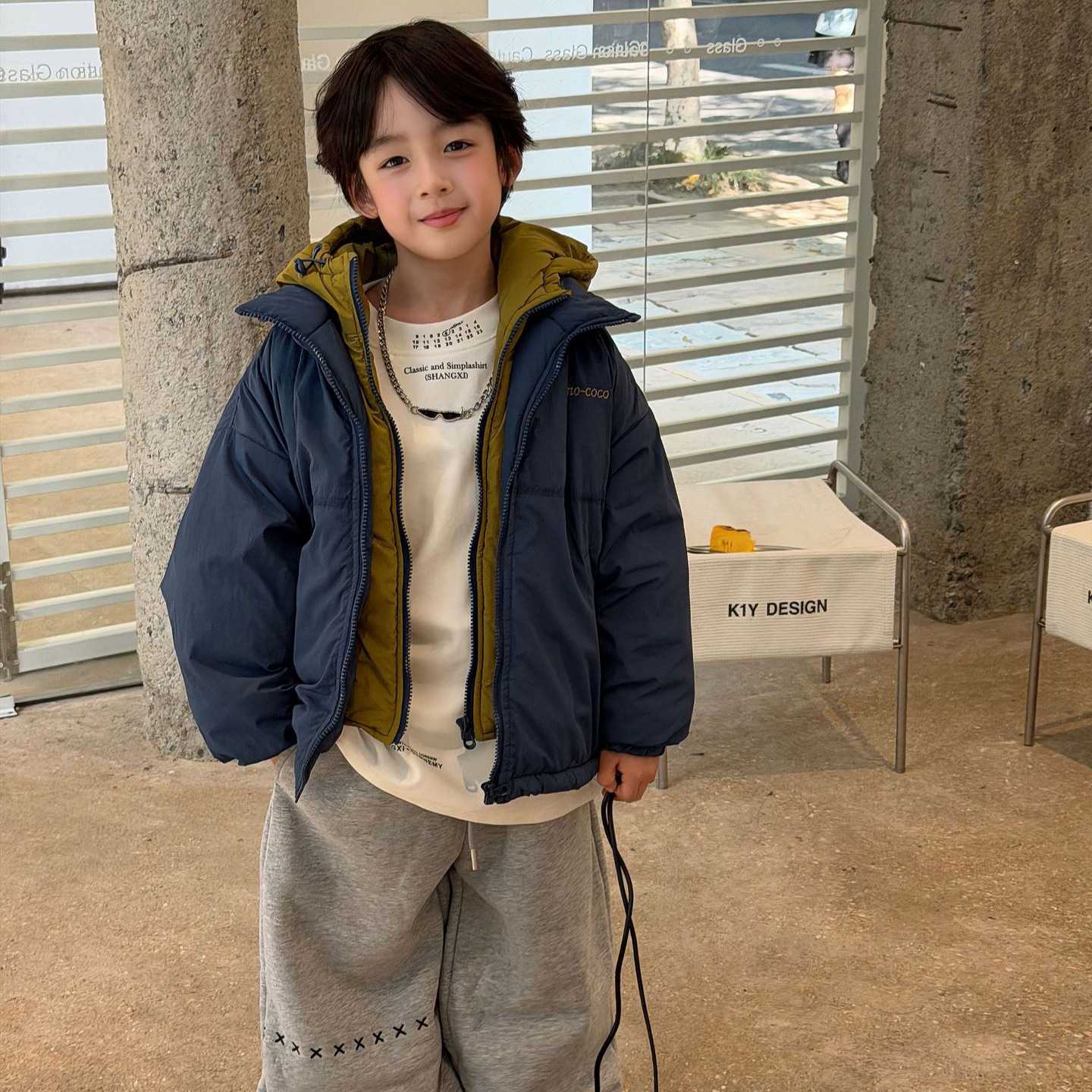 貌貌妈家2026冬季韩版男童假两件拼接加厚连帽外套儿童棉服棉袄潮