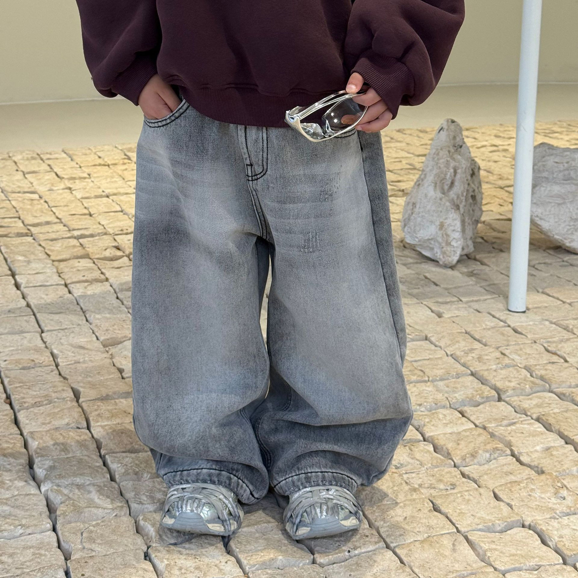 儿童韩版加绒牛仔裤做旧加厚长裤