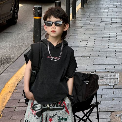 男女童潮酷美式印花无袖连帽T恤