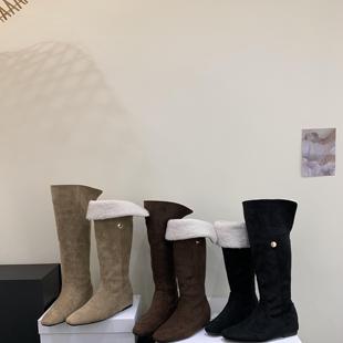内增高绒面过膝长筒靴女秋冬款 复古羊羔毛两穿堆堆靴高筒骑士靴子