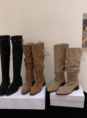 阿哩晴人2025新款复古英伦风粗跟高筒骑士靴百搭时尚潮流时装靴