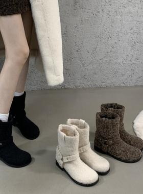 复古厚底皮带扣磨砂毛毛短靴女2024秋冬新款一脚蹬百搭圆头马丁靴
