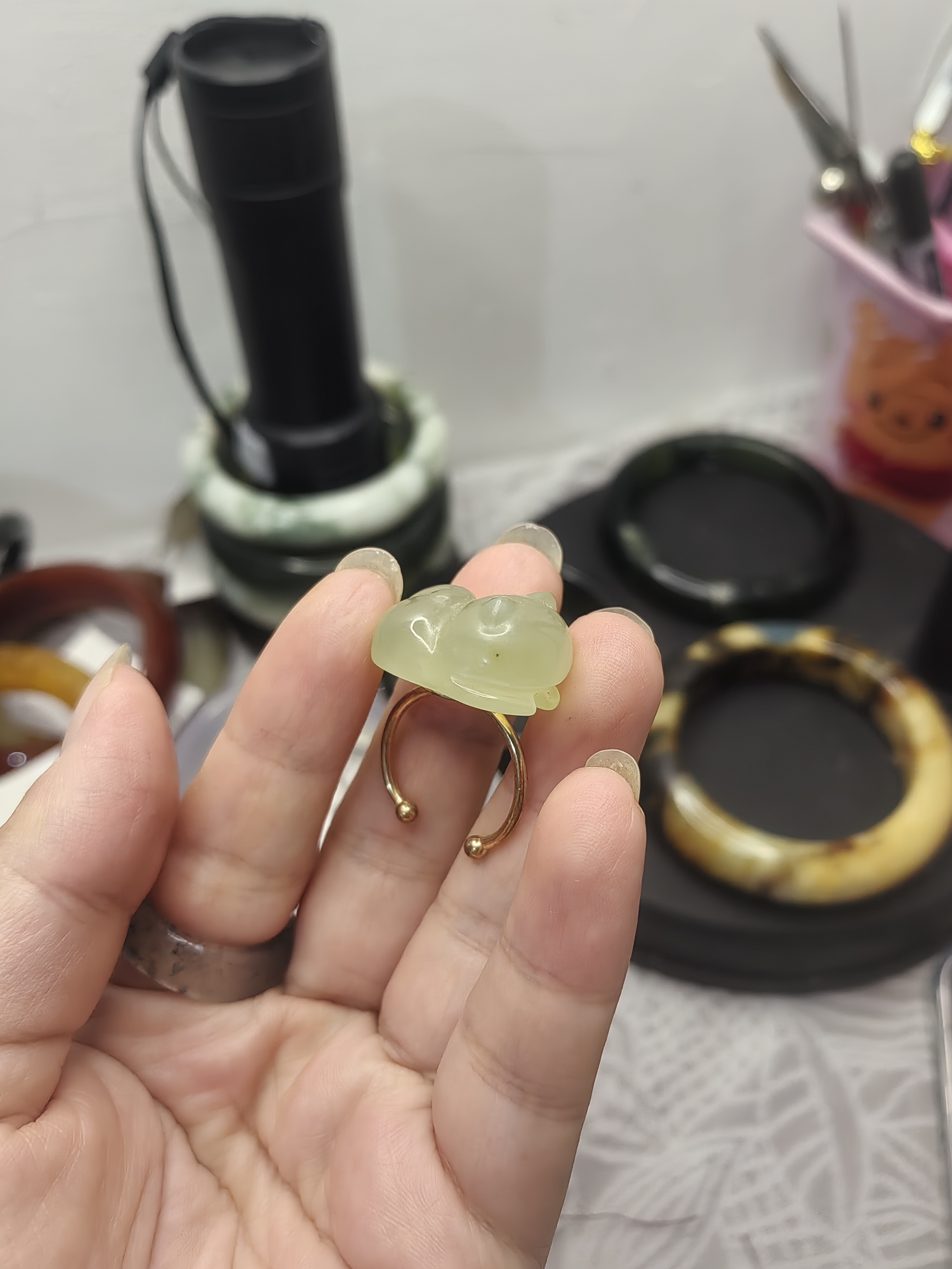 岫玉小趴猫戒指开口