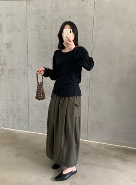 OF2026春季新款韩国高腰宽松显瘦百搭军绿色工装半裙女带腰带裙子