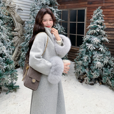 2025冬季韩国新款 过年款立领长款配狐狸毛双面呢大衣女双面羊绒
