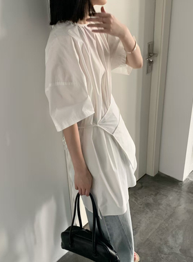 2025夏季韩国新款OF宽松显瘦百搭带披肩屁帘中长款短袖套头衬衫女