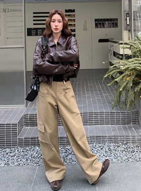 2026春季新款韩国休闲百搭显瘦气质蝙蝠袖短外套翻领机车皮衣夹克