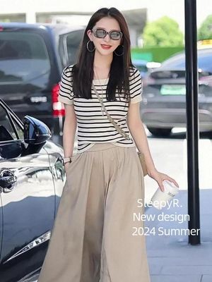 黑白条纹小香风短袖正肩t恤女夏季冰丝针织上衣短袖2025新款宽松