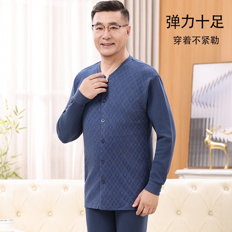 中老年人100%纯棉秋衣秋裤男套装开衫爸爸薄保暖衣开襟60岁到80岁