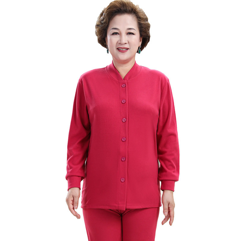中老年人薄款秋衣秋裤套装女妈妈女士开衫保暖内衣冬季立领开襟