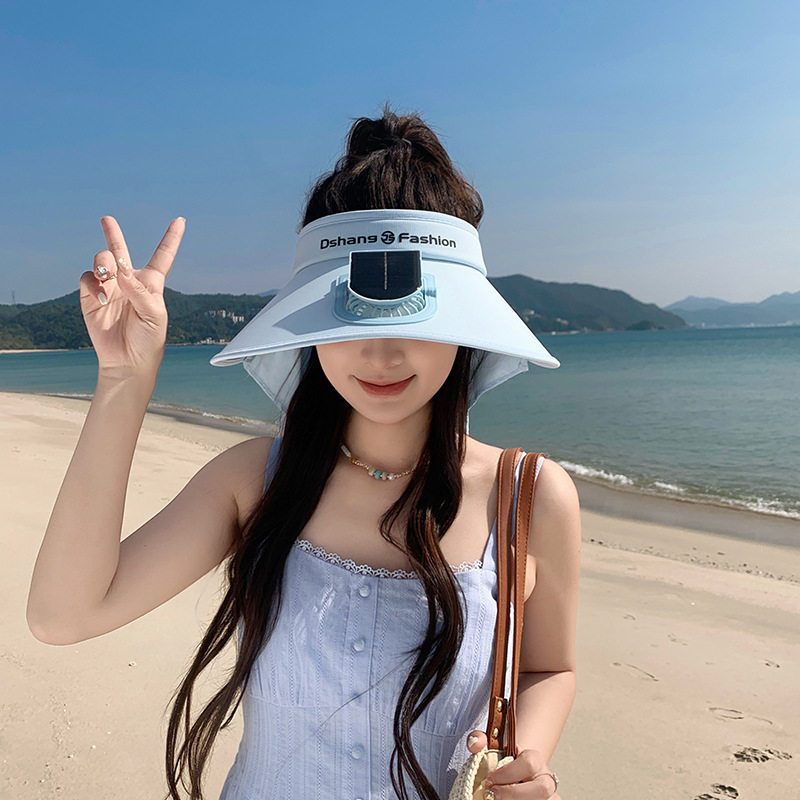 2026新款夏季太阳能小风扇款披肩帽加长檐防晒遮阳帽子简约纯色款
