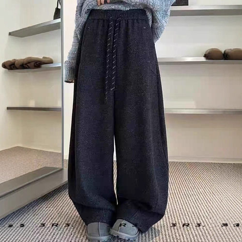 直筒抽绳加绒羊绒阔腿裤女2025冬季新时尚高腰显瘦休闲拖地裤