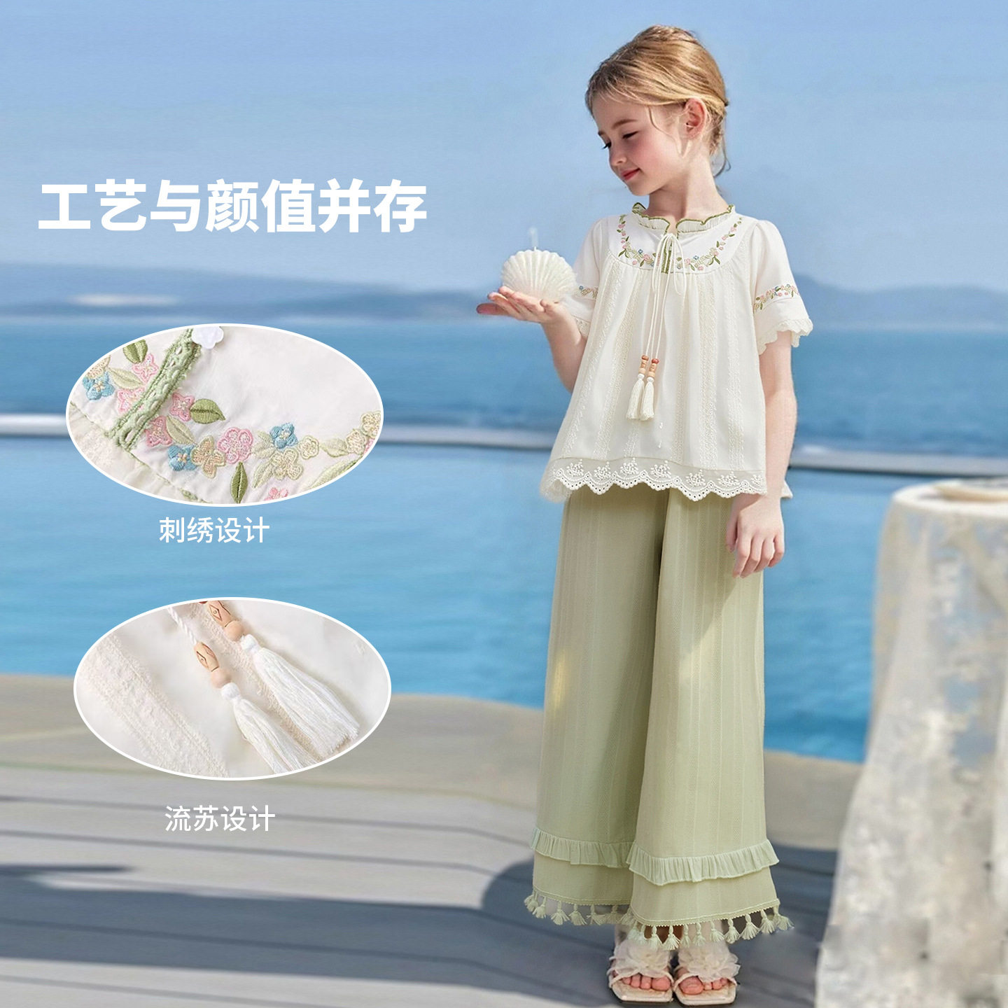 女童国风蕾丝夏季阔腿裤两件套图片