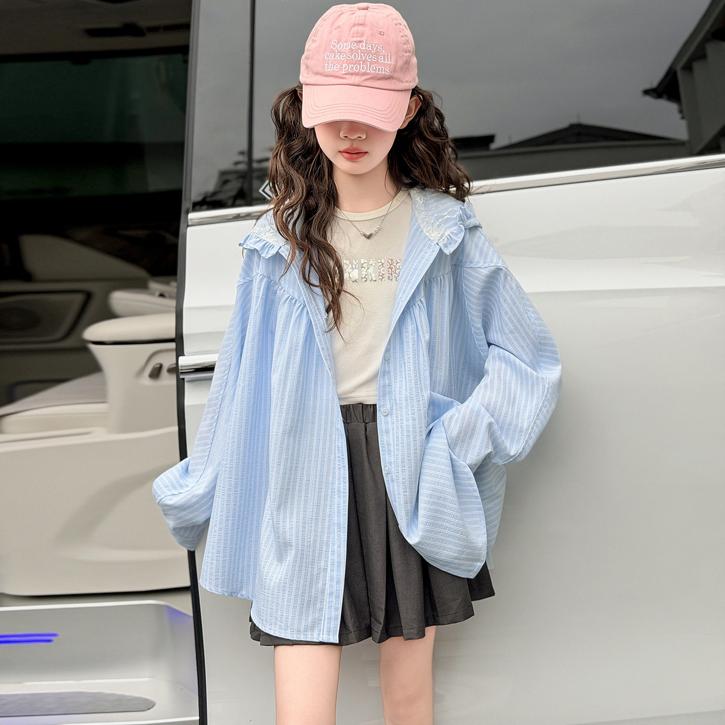 女童蓝色连帽条纹衬衫薄外套2026春夏新款儿童百搭花边防晒衣夏装