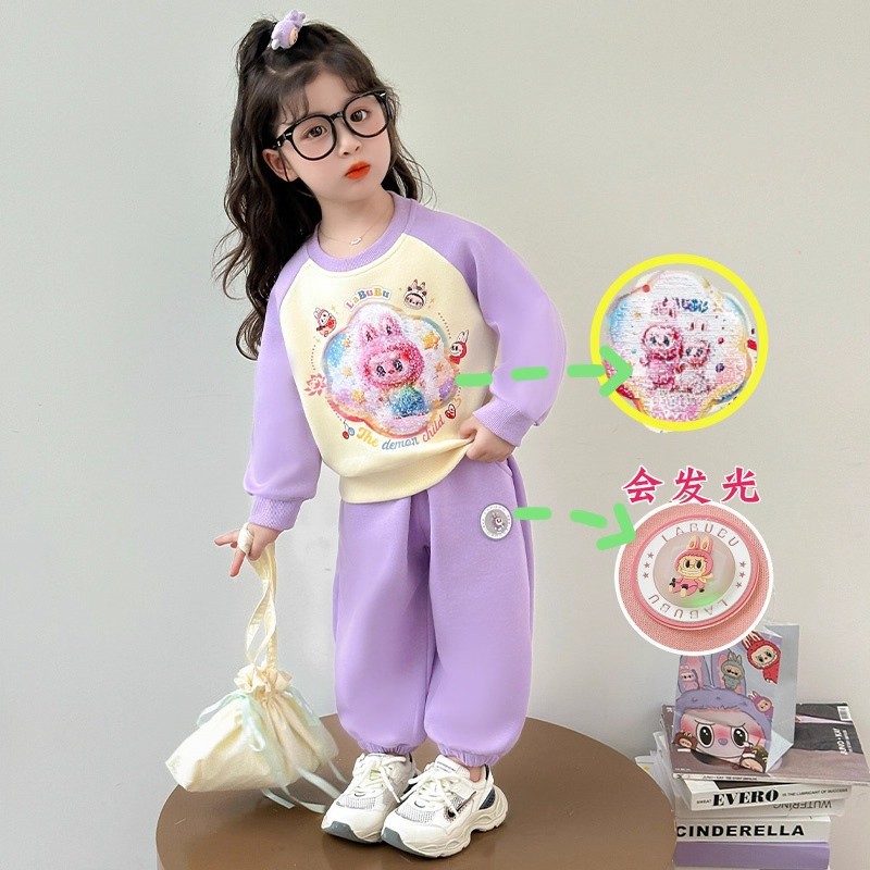 秋冬女童拉布布加绒运动套装女学生亮片加厚保暖长袖卫衣两件套潮