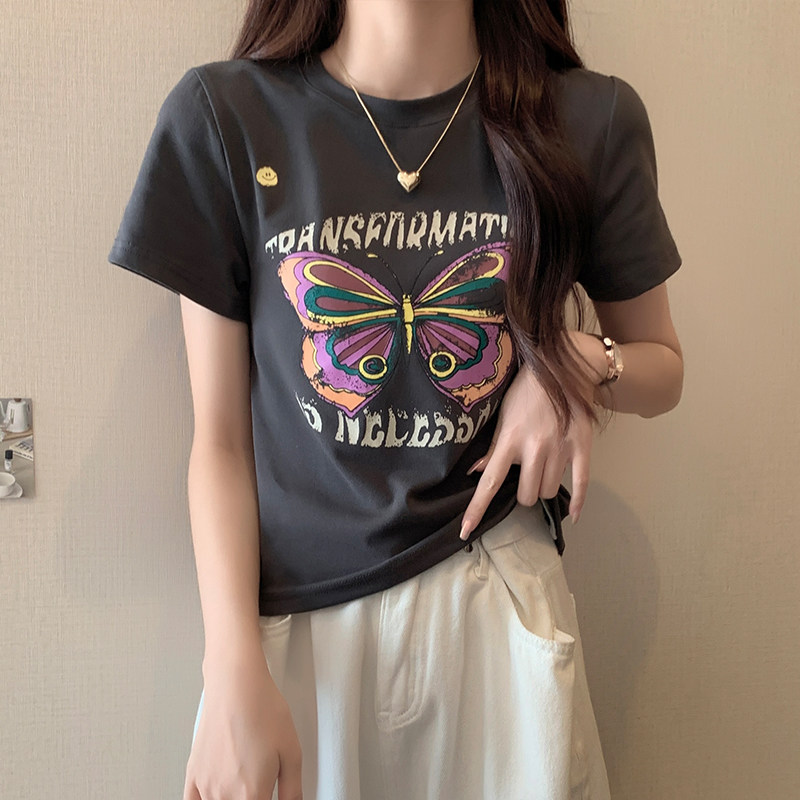 2025夏季蝴蝶宽松短袖T恤女上衣