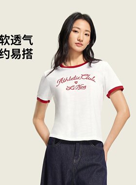 李宁女子宽松短袖文化衫圆领短袖T恤百搭运动休闲上衣AHSW474