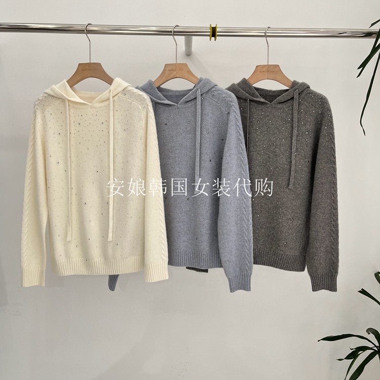 时尚连帽抽绳碎花套头针织衫