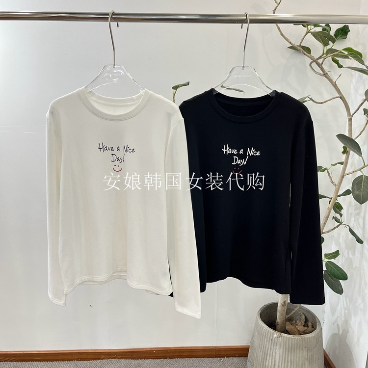 时尚圆领字母笑脸磨毛长袖T恤