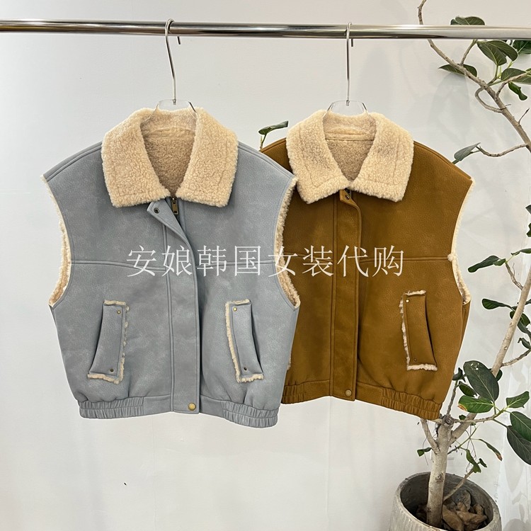 翻领仿羊羔毛皮毛一体保暖马甲