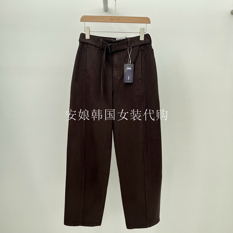 时尚腰带直筒净色通勤休闲裤