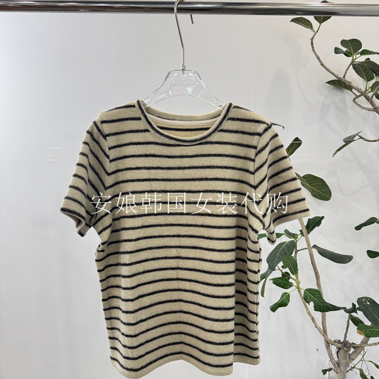圆领条纹磨毛短袖宽松T恤