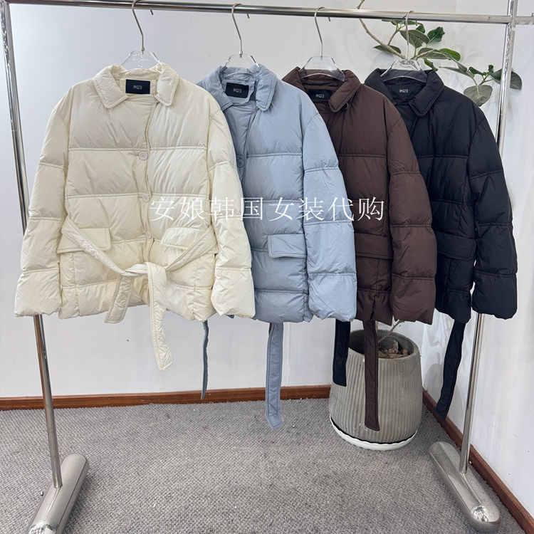 安娘韩国代购PH23女装2025冬新翻领压格净色系带白鹅绒长袖羽绒服