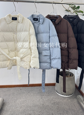 安娘韩国代购PH23女装2025冬新翻领压格净色系带白鹅绒长袖羽绒服