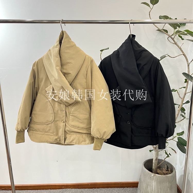 时尚围巾净色长袖宽松羽绒服