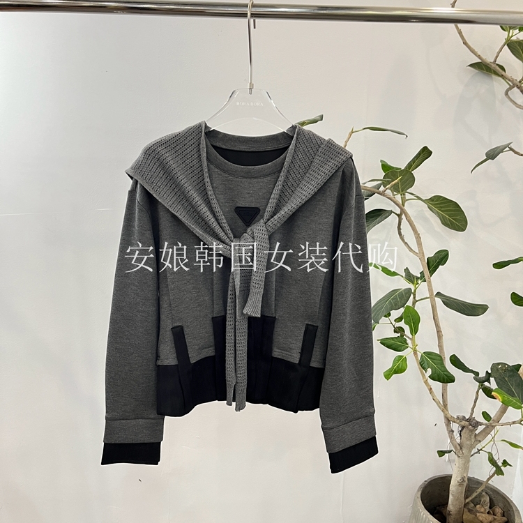 安娘韩国代购东大门女装2025秋新款时尚披肩圆领拼接长袖套头卫衣