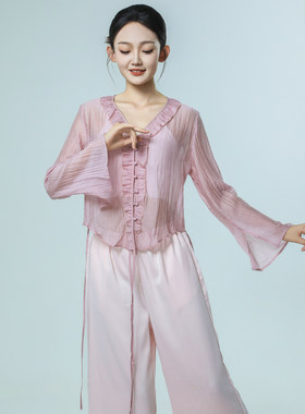 朵棠舞蹈服花边显瘦飘带仙气上衣阔腿宽松裤子古典舞舞蹈服套装