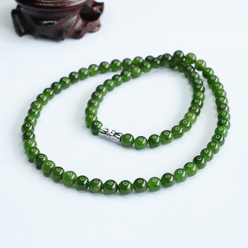 爱钰 天然和田玉项链碧玉菠菜绿珠链女玉石厂家批发代发