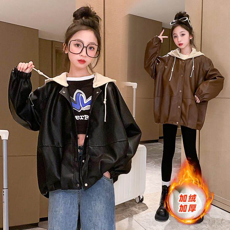 女童皮衣外套春秋2025新款儿童中大童洋气时髦女孩秋冬季连帽夹克