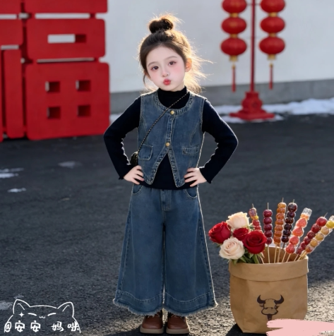 女童牛仔马甲三件套春秋新款中大童韩版休闲阔腿裤小女孩洋气穿搭