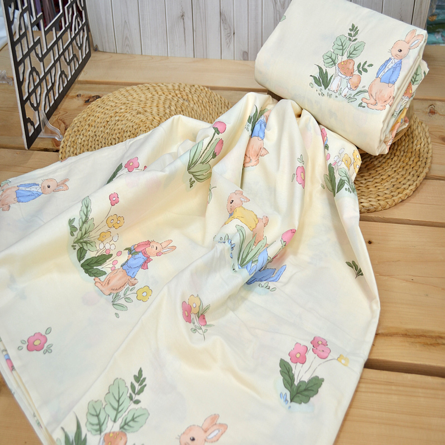 淡黄色小棕兔全棉小碎花四件套被套床单床笠印花被罩纯棉40支斜纹