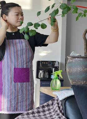 紫色全棉加密加厚老粗布围裙纯棉围兜透气吸水厨房洗衣无袖挂脖式