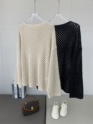 春夏法国进口棉麻BC风一字领花纹镂空针织衫女士宽松百搭上衣新款