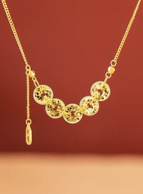 金町碎碎冰五帝币招财项链女纯银福字新中式爆闪五帝钱精致锁骨链