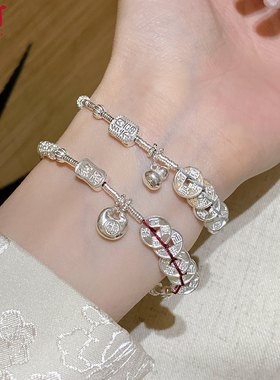 五帝钱手链999纯银女款足银招财葫芦小胖福手工盘缠手串闺蜜手饰