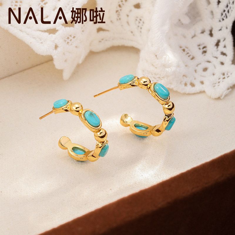 NALA娜啦中古风绿松石头耳环小众设计欧美复古耳圈耳环不掉色耳环