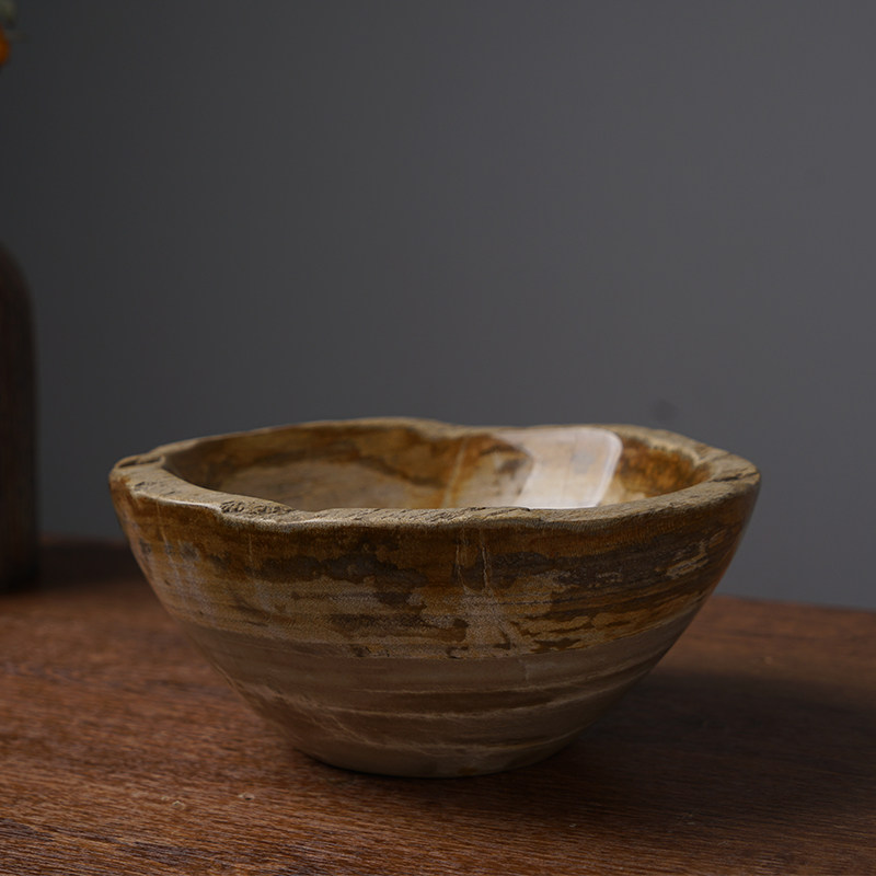 新中式简约售楼处高端家饰家用木化石干果盘石头摆设收纳盘装饰品