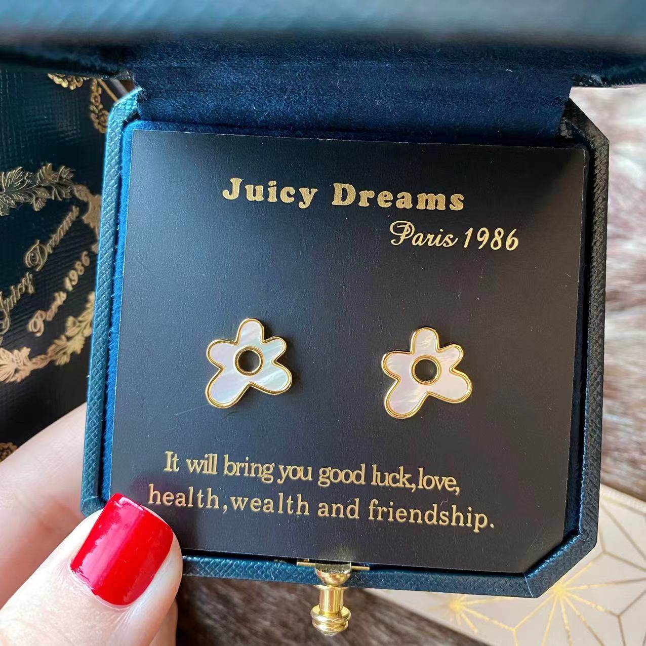 轻奢小众juicy dreams天然珍珠贝母山茶花小香风有钱花纯银耳钉