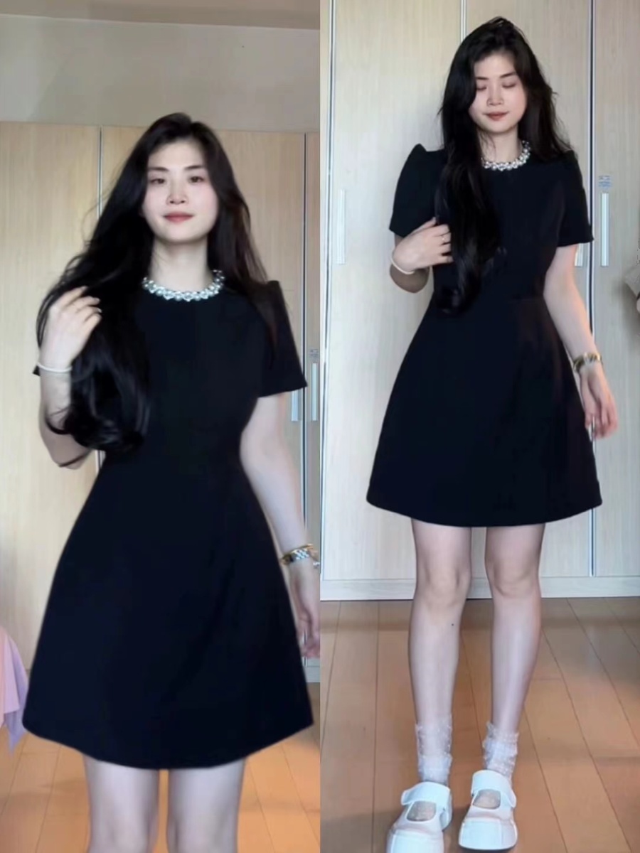 Plus Size French Dress Women's Summer Waist Slimming Look A-Line Short Skirt Slightly Fat mm Black Hepburn Style Skirt