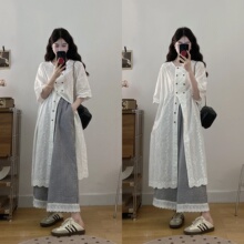 大码胖MM法式连衣裙女装夏季遮肚子显瘦梨形身材格子阔腿裤子套装